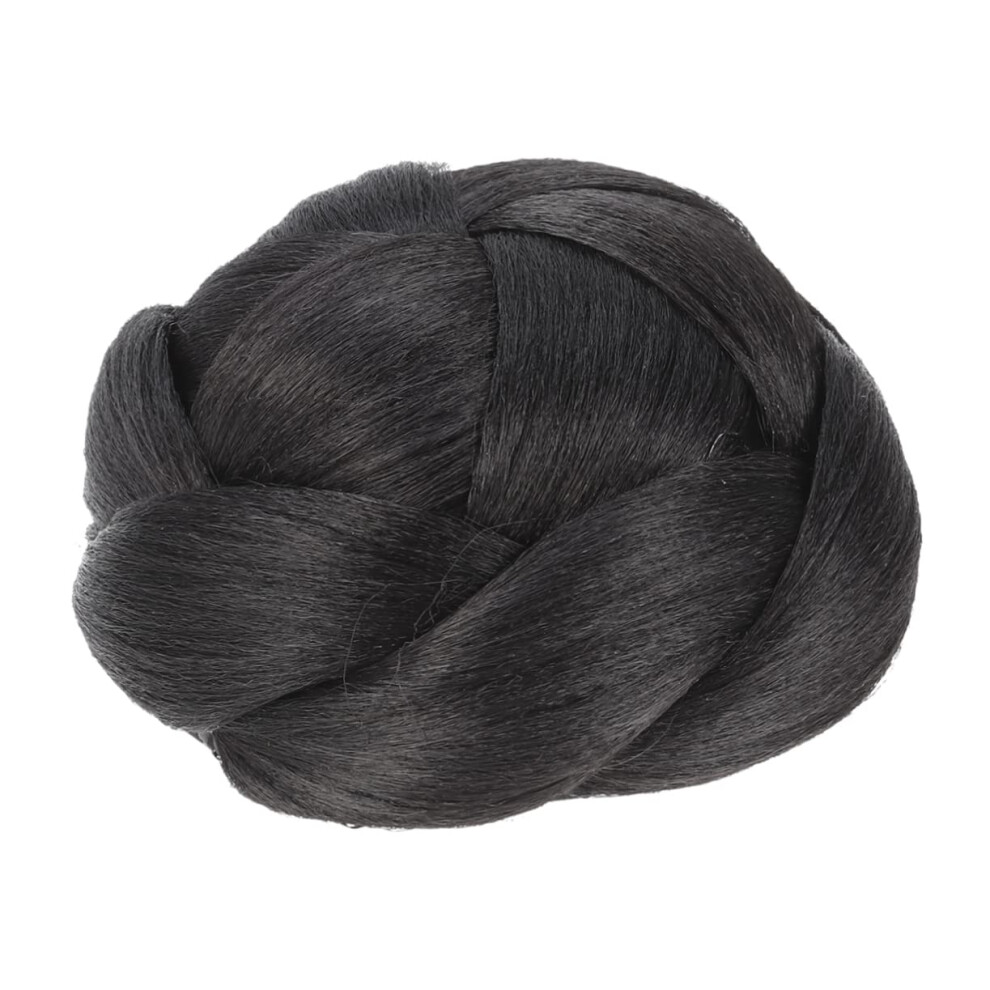 Unisex Black Human Hair Bun Extension With Braided Ponytail Hairpiece, Realistic Chignon Updo Clip (1B)