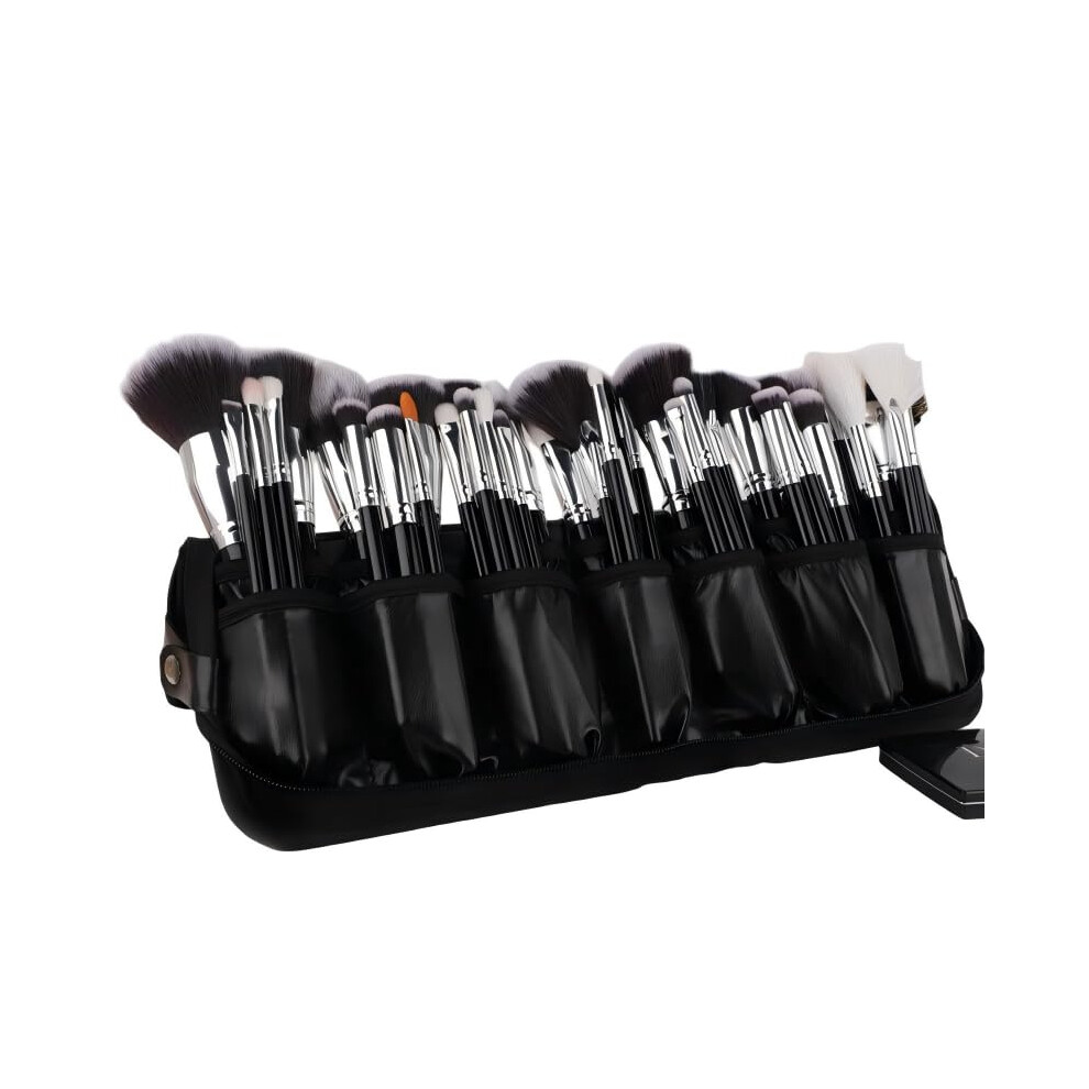 Makeup Brush Holder Leather Travel Case with Multiple Elastic Pockets WaterResistant Organizer
