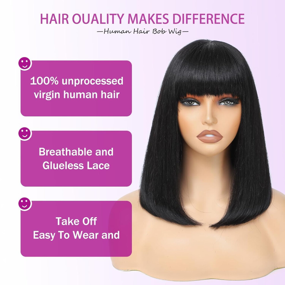Human Hair Bob Wig with Bangs Glueless 180% Density Middle Part Lace Natural Look for Women