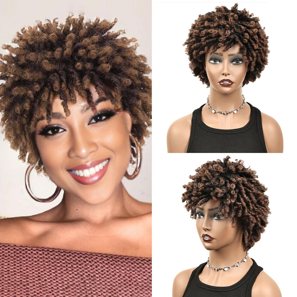 Unisex Black,Brown Short Layered Dreadlock Wig Black To Brown Afro Curly Faux Locs With Adjustable Fit 9 Inch
