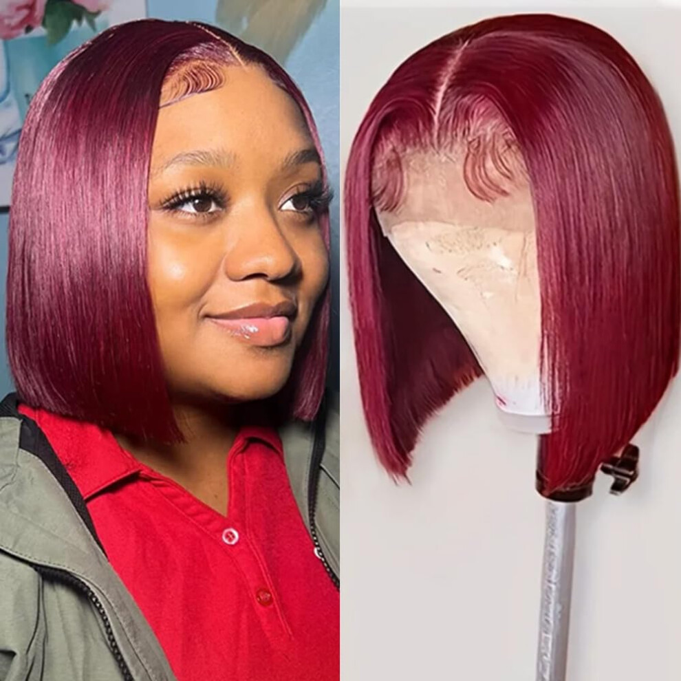 Unisex Red 99J Burgundy 13X4 Lace Front Human Hair Bob Wig 8 Inch Glueless Pre Plucked Hd Lace
