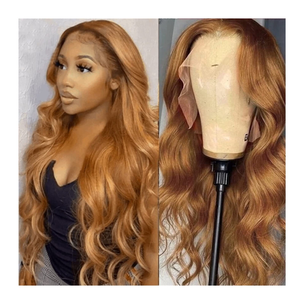 Unisex Brown Ginger Body Wave Lace Front Wig 24 Inch Heat Resistant Synthetic Fiber Glueless Preplucked