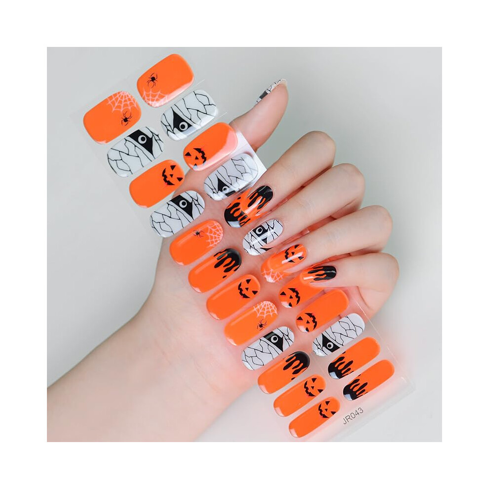 Dark Halloween Glow In The Semi Cured Gel Nail Strips With Spider Web Ghost Horror Designs