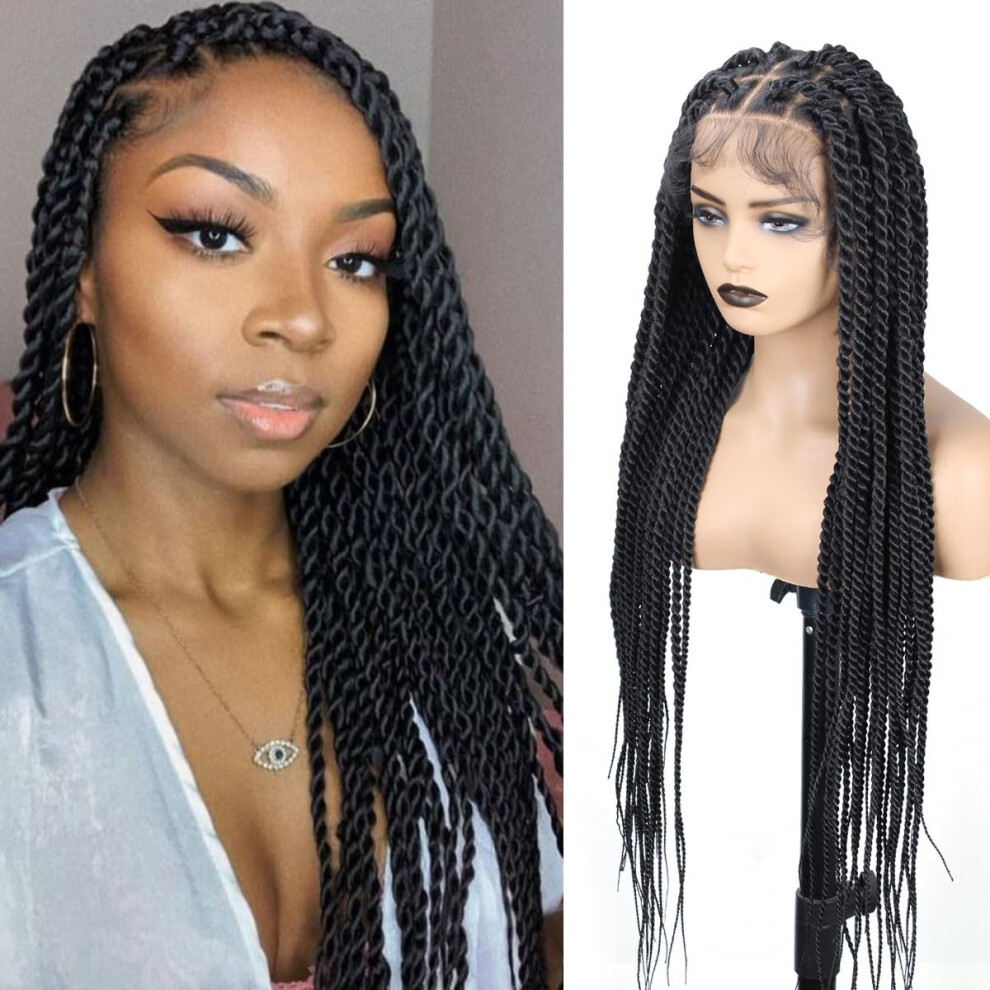 36 Inch Senegal Twist Braided Wig for Black Women, Knotless Lace Front with Natural Hairline