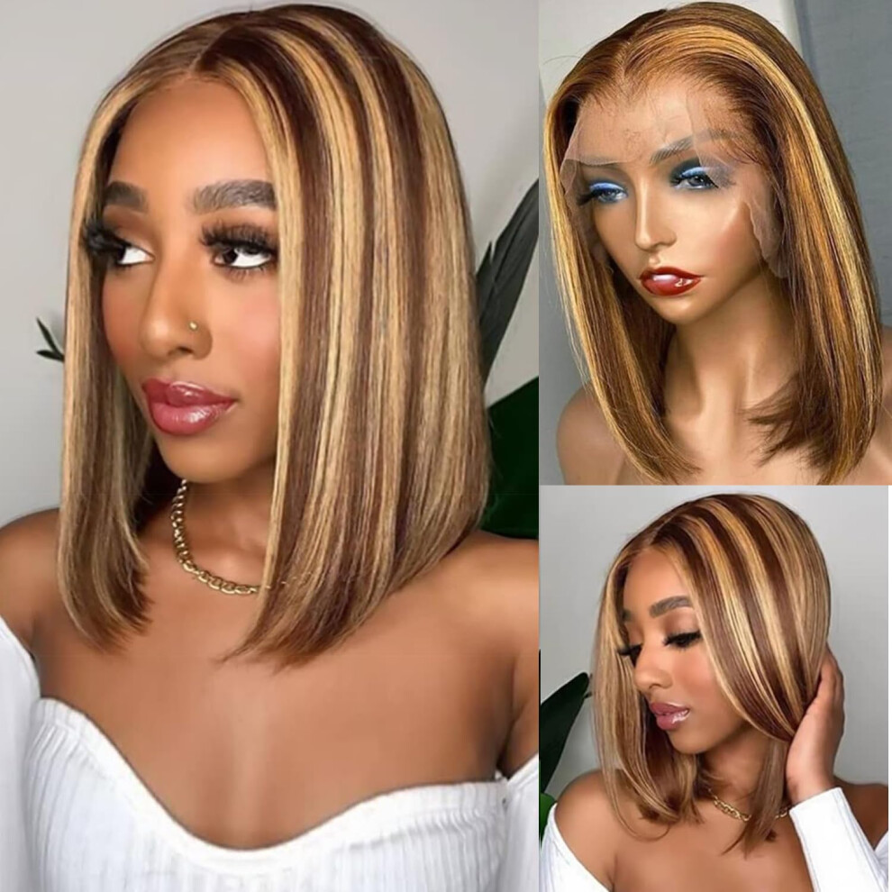 Unisex Human Hair Lace Front Bob Wig 13X4 Hd Ombre Honey Blonde Pre Plucked Middle Part 12 Inch
