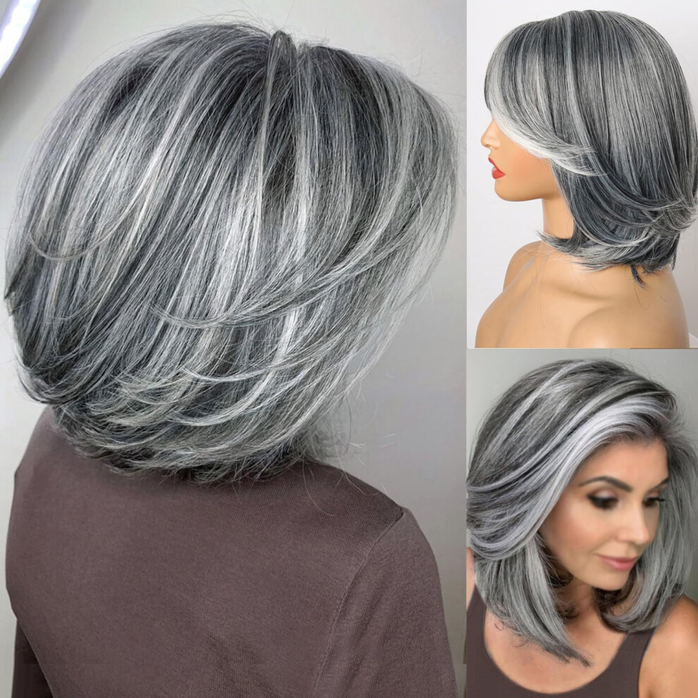 Unisex Silver,Grey Silver Bob Wig With Curtain Bangs, Grey Ombre Pixie Cut, Heatresistant Synthetic Fiber For Women