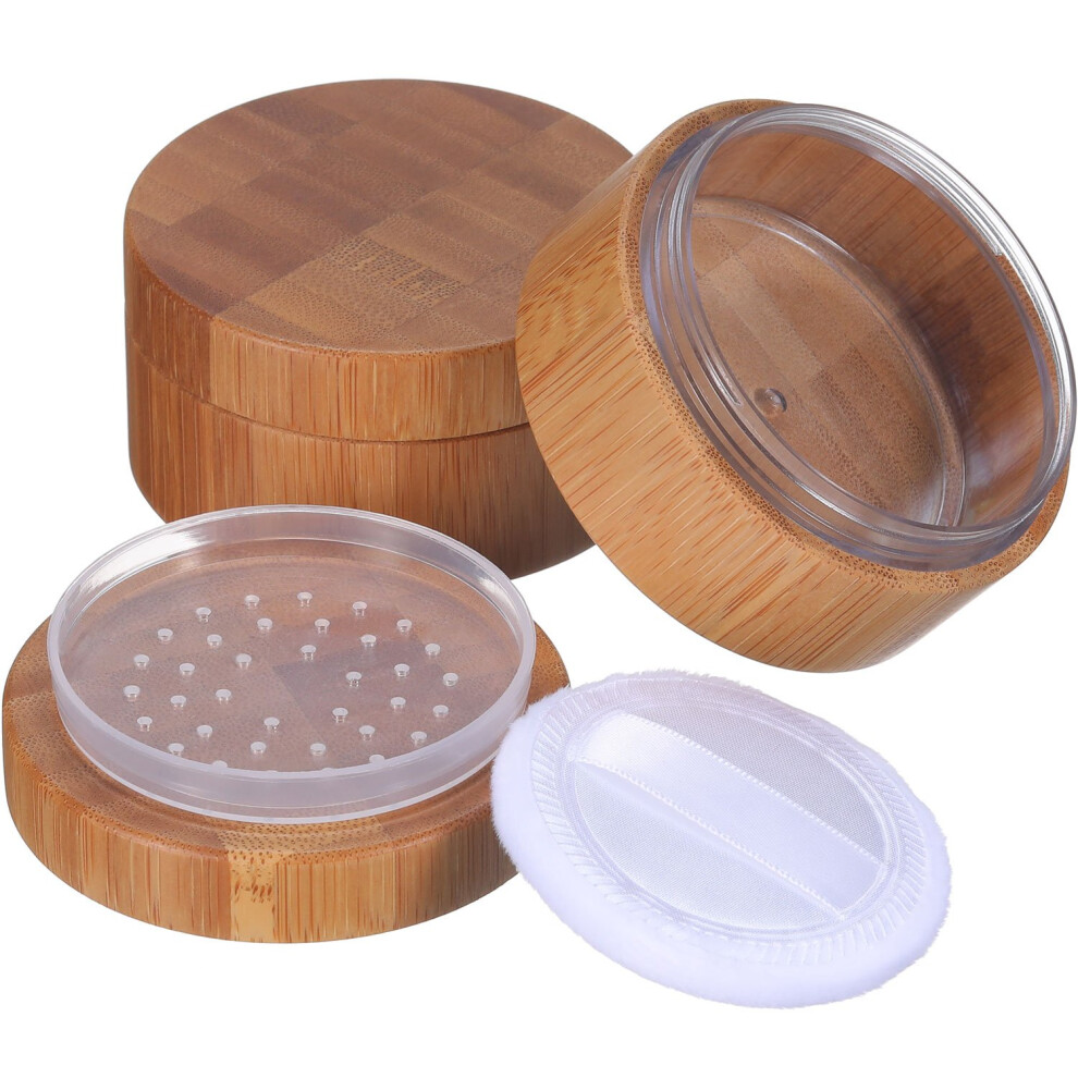 2 Pack 30ml Refillable Bamboo Loose Powder Container with LeakProof Sifter Lid and Puff