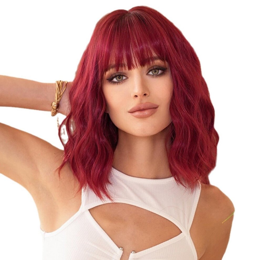Wine Red Short Wavy Bob Wig with Air Bangs Synthetic Heat Resistant for Women Cosplay Party Daily