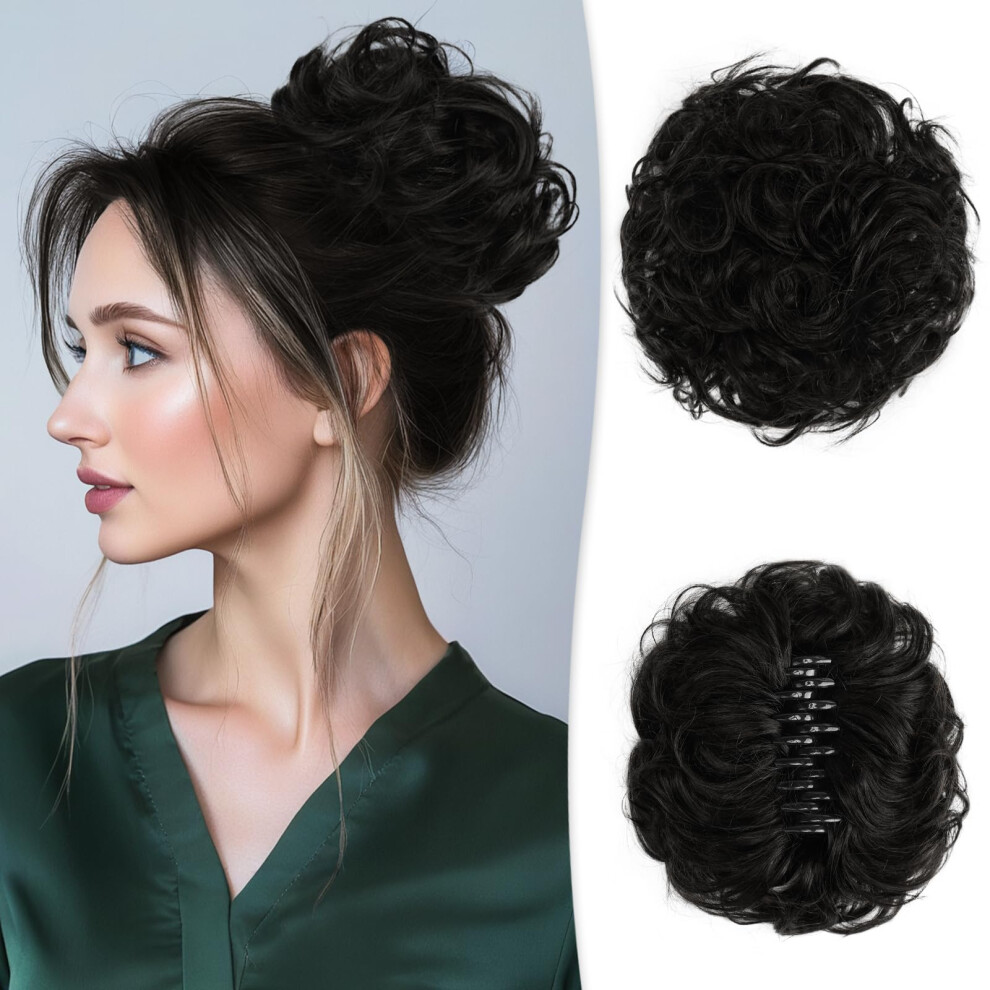Natural Black Human Hair Bun Extension with Claw Clip, Messy Wavy Chignon for Women