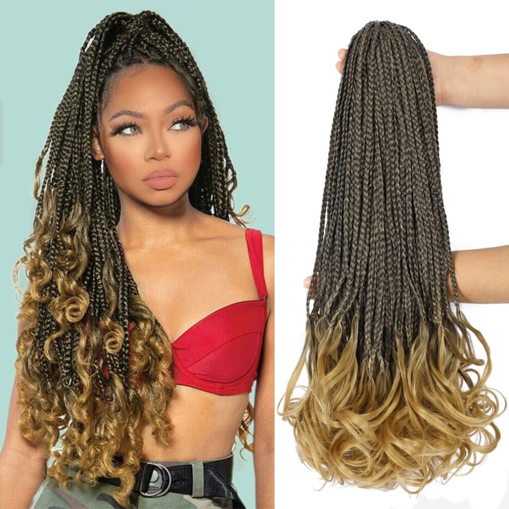 French Curl Crochet Braids 14 Inch Pre Looped Goddess Box Braids with Curly Ends 1B/27 Ombre Hair