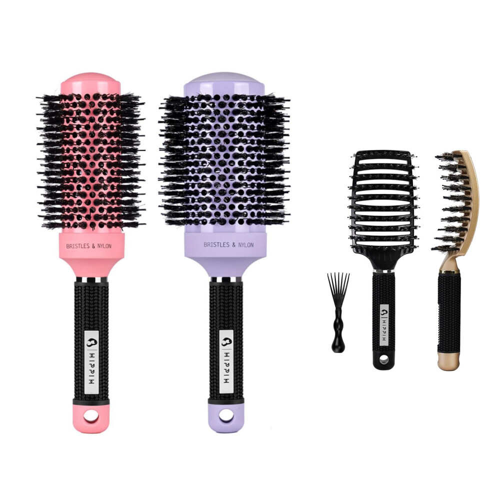 Boar Bristle Round Brush Set of 2 with Ceramic Ionic Barrel for Smooth Blowouts and Shine