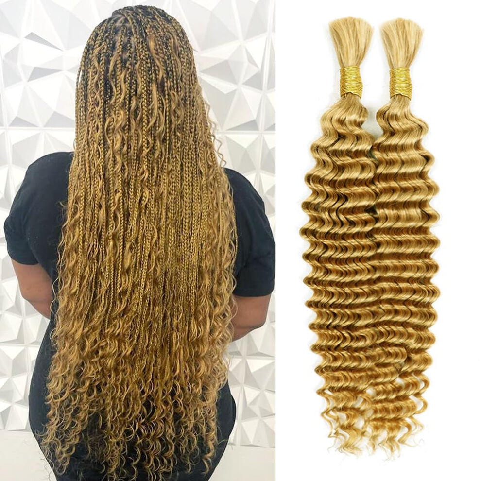 Unisex #27 Honey Blonde Deep Wave Bulk Human Hair Braiding Extensions 24 Inch No Weft 2 Bundles 100G