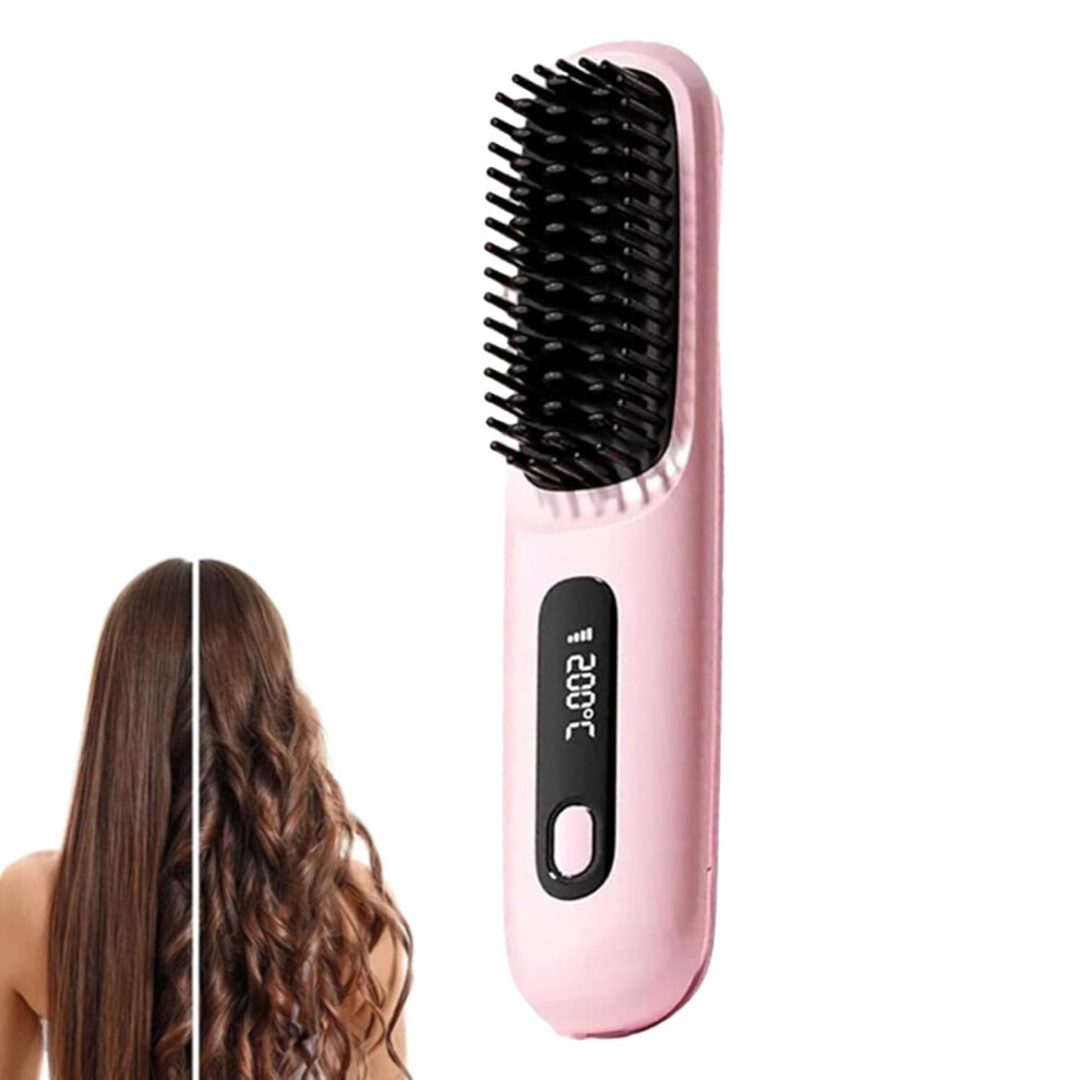 Pink Cordless Hair Straightening Brush With Even Heat Distribution, Rechargeable 2 In 1 Styling