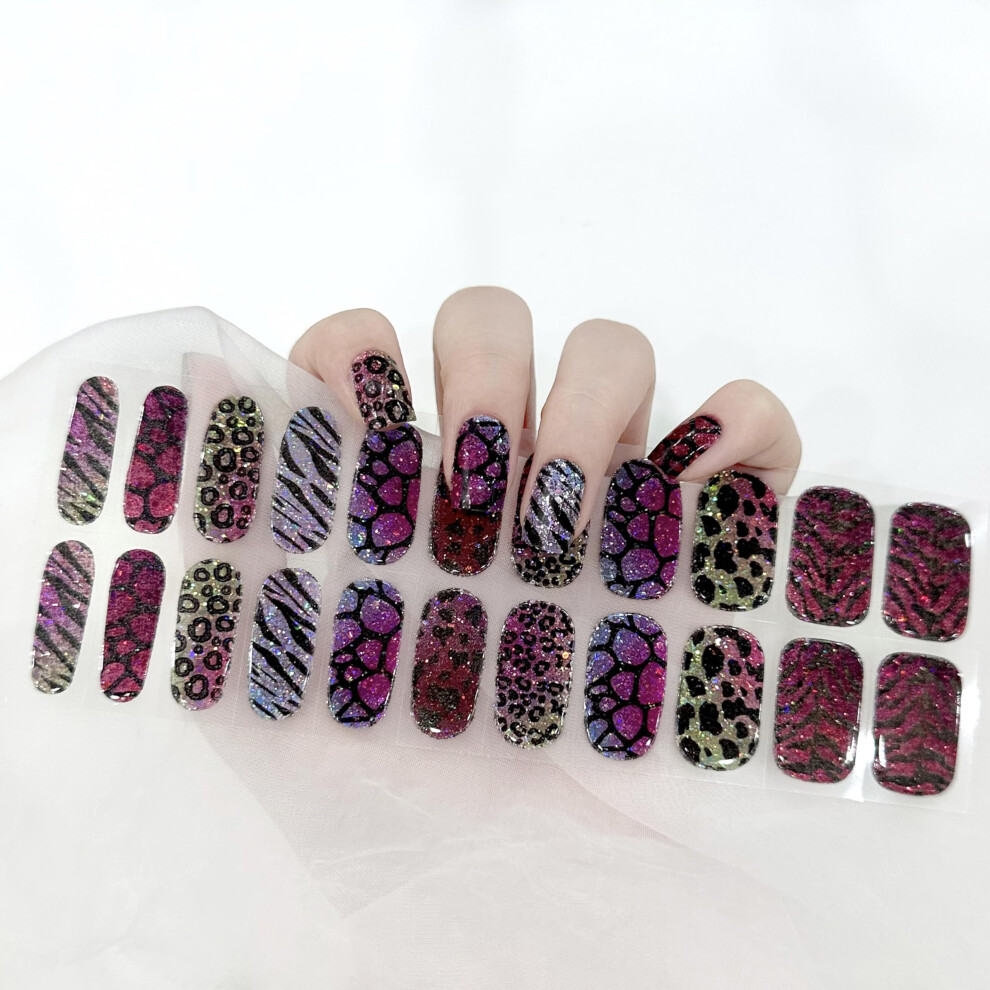 Glitter Leopard Semi Cured Gel Nail Strips 22PCS Salon Quality UV LED Wraps for Easy Home Manicure