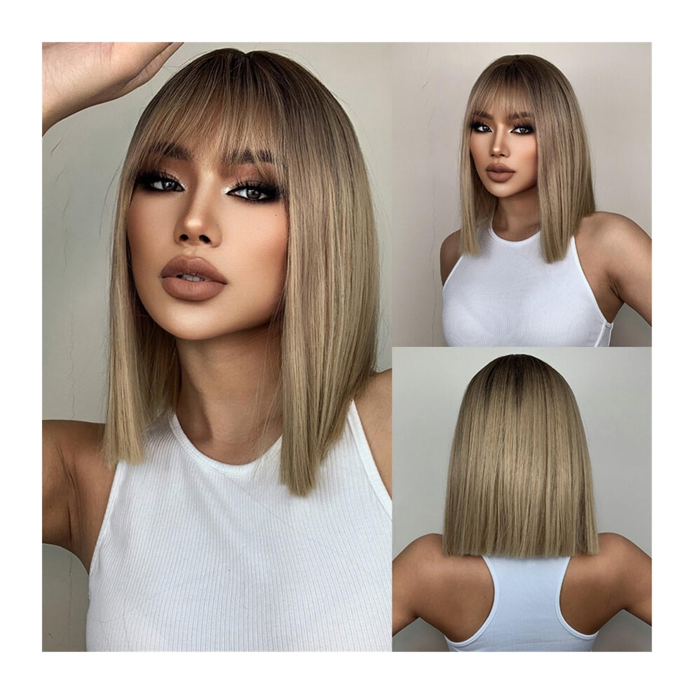 Unisex Brown Synthetic Bob Wig To Blonde Ombre With Bangs Heat Resistant Fiber For Women Cosplay