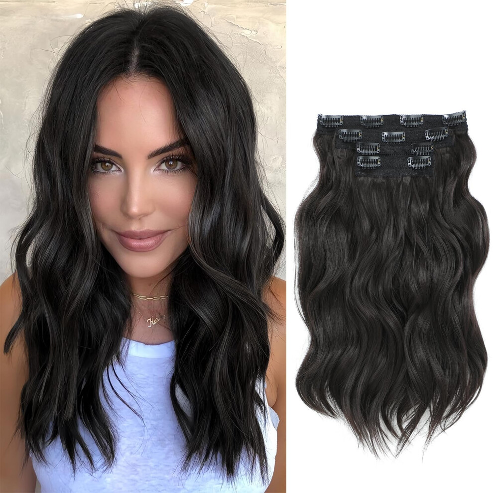 Unisex Black 14 Inch Wavy Clip In Hair Extensions For Women, Synthetic Beach Wave, Instant Length & Volume