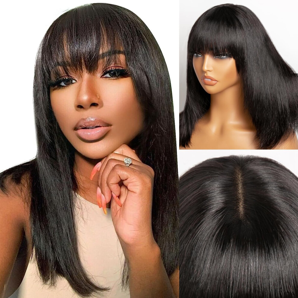 Unisex Black Human Hair Bob Wig With Bangs Glueless Straight Layered Natural Fulllook 8Inch For Women