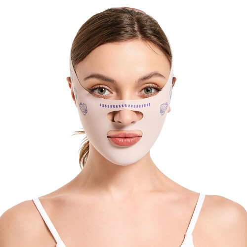 V Face Lifting Strap with Adjustable Fit, Breathable Double Chin Reducer Band, Beige 1