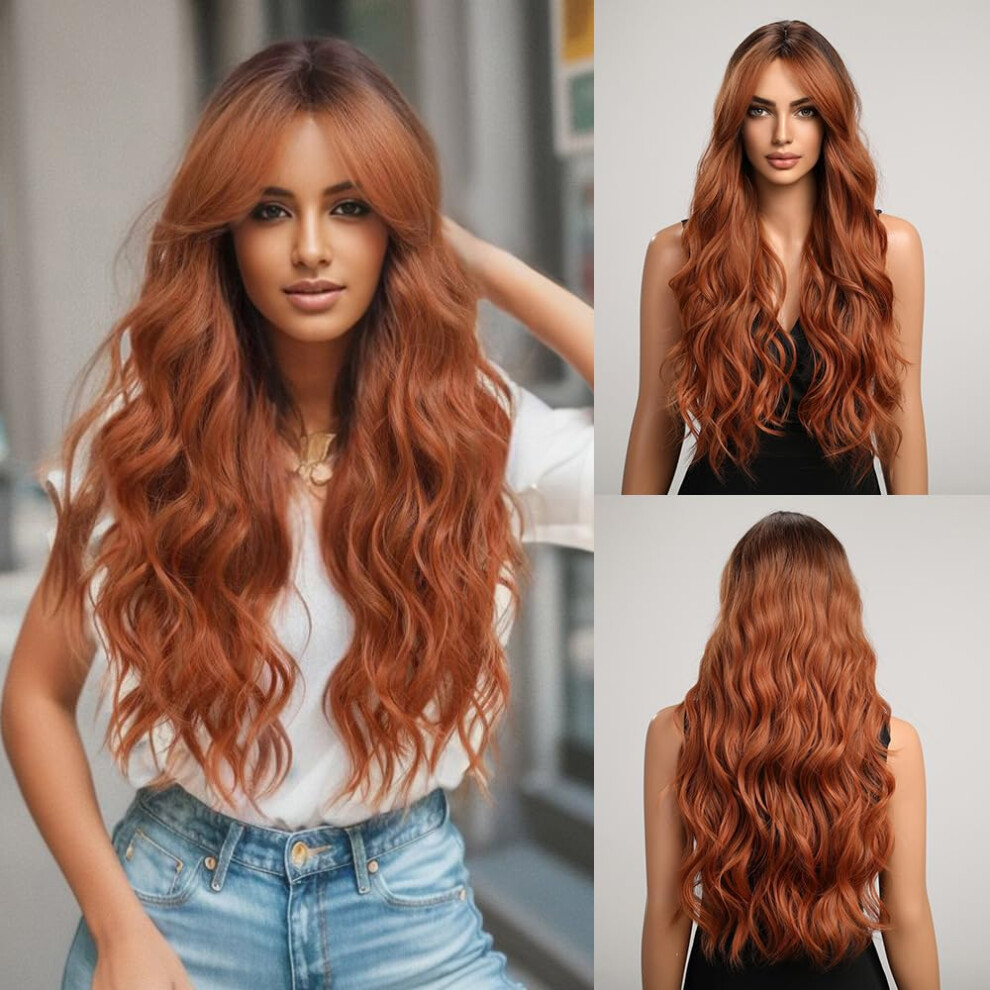 Unisex Orange,Black Black Gradient Orange Long Curly Wig With Eight Character Bangs Synthetic Wavy Hair For Women