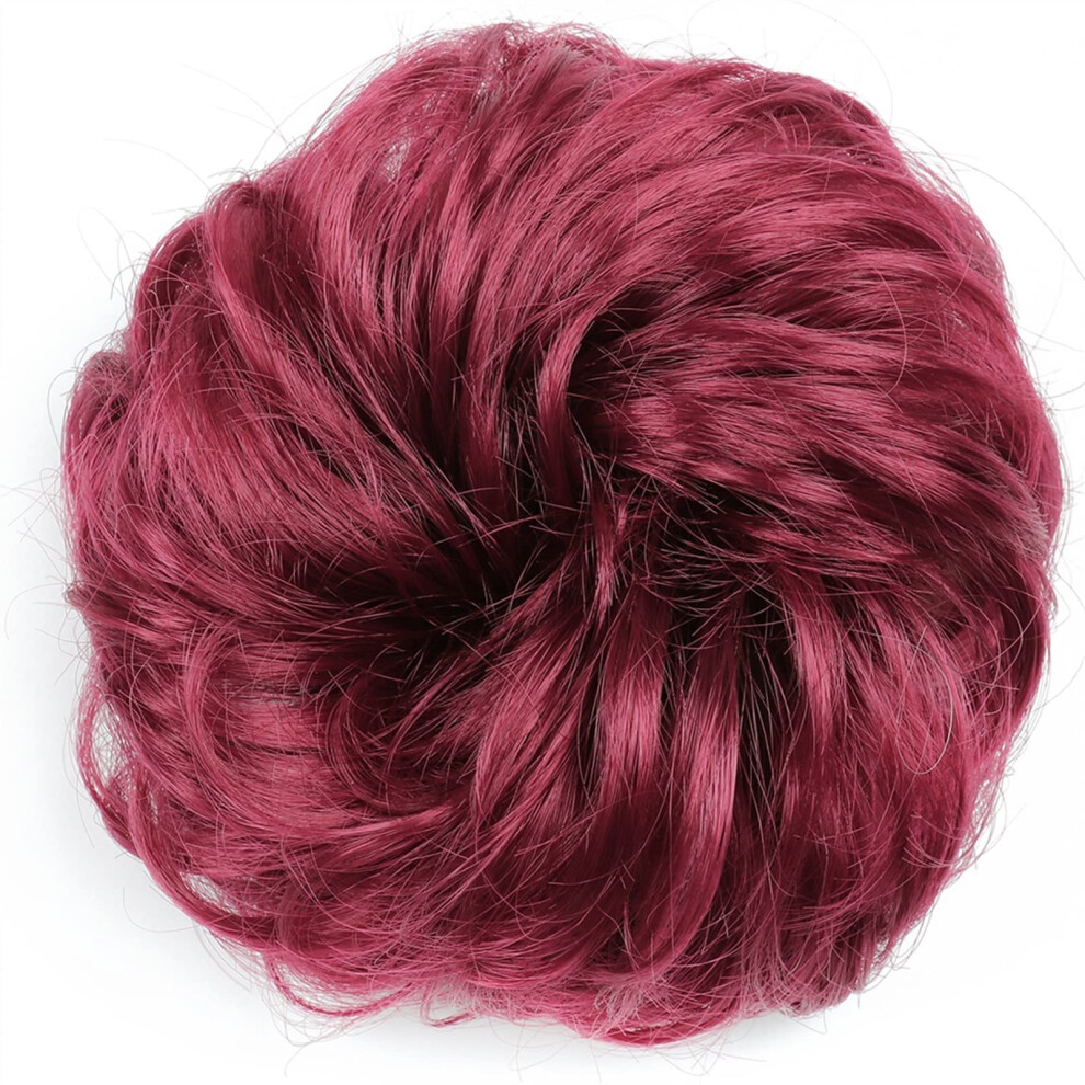 Unisex Red Synthetic Hair Bun Messy Curly Donut Hairpiece For Women Burgundy Ponytail Instant Volume Boost