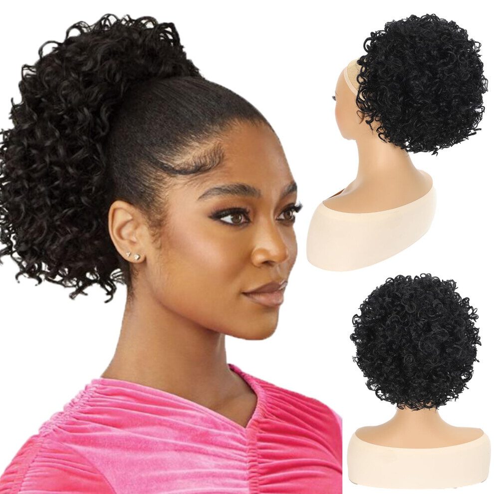 Unisex Black Short Curly Bob Half Wig And Drawstring Ponytail Extension 2 In 1 For Women 1B Heat Resistant