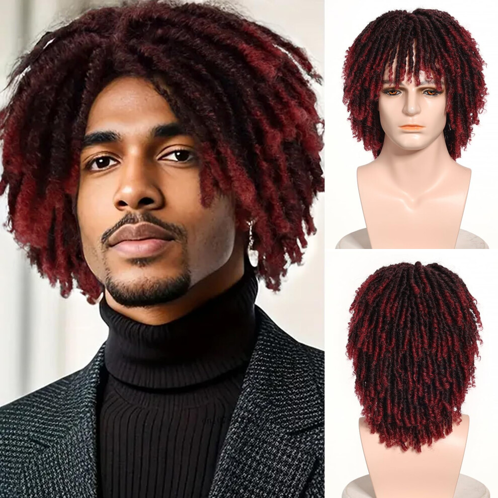 Unisex Black,Red Short Synthetic Dreadlock Wig For Men, Afro Curly Twist Braids, Adjustable Fit, Black Red