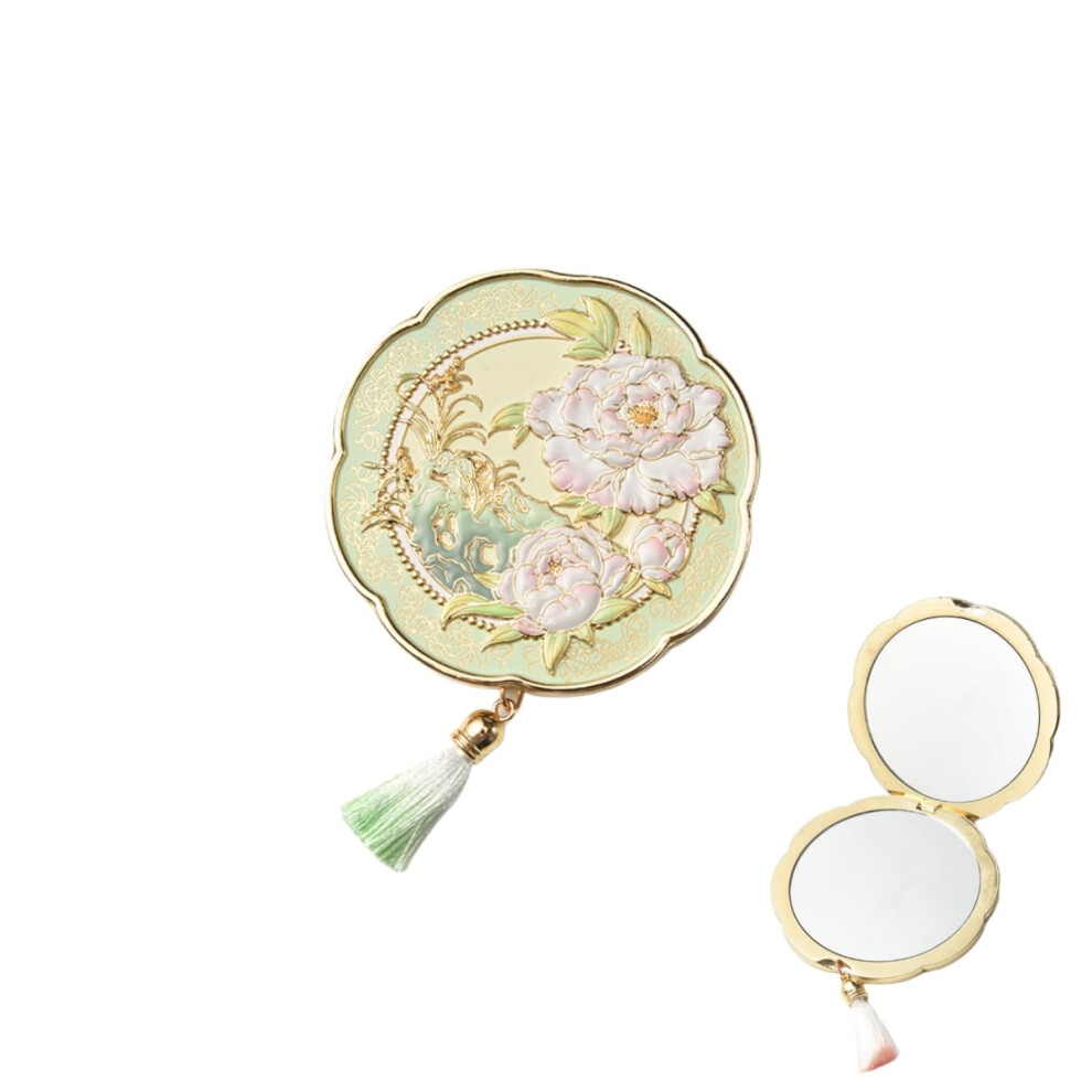 Compact Mirror with Tassel, Vintage Chinese Handheld Makeup Mirror, Floral Travel Purse Mirror Green