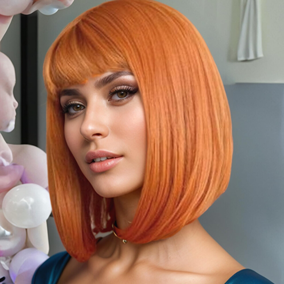 Unisex Orange Short Bob Wig With Bangs, Shoulder Length Synthetic Wigs For Women, Natural Hairline
