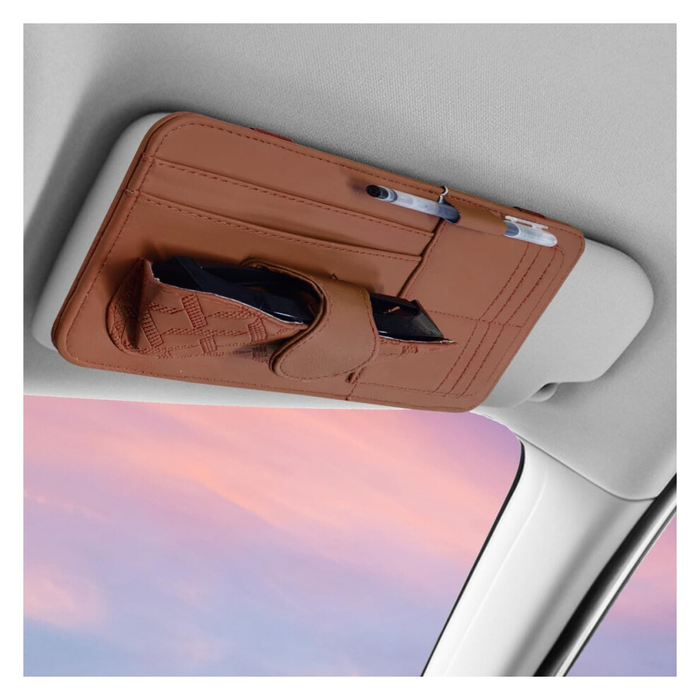 Pu Leather Car Sun Visor Organizer With Multipocket Storage For Sunglasses Cards Pen Slot Brown 9070919769290