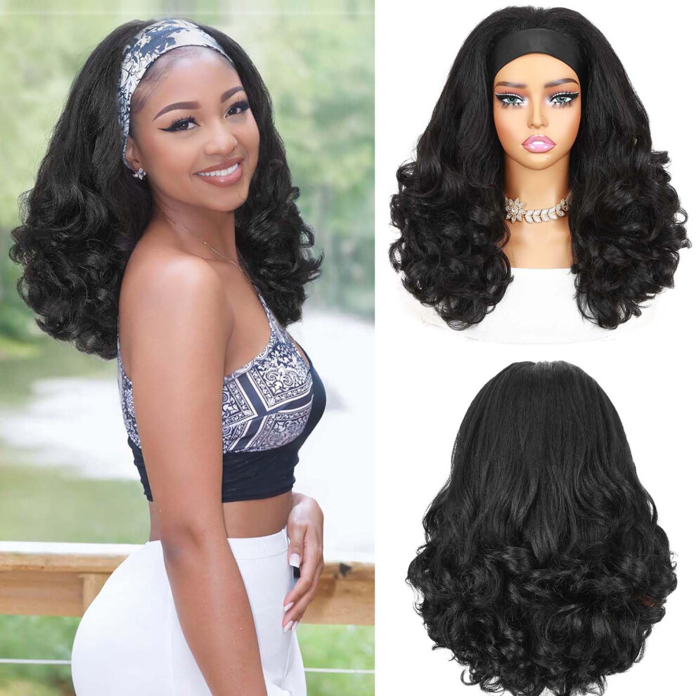 Unisex Black Curly Headband Wig For Women, Glueless Quick Wear, Natural Hairline, 16 Inch Synthetic