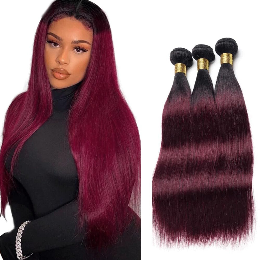 Unisex Black/Burgundy Brazilian Ombre Virgin Hair Bundles 1B 99J Straight 8A Grade 3Pcs Full Head Volume Low Shedding