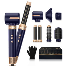 Hot Air Brush Hair Dryer Brush 110000 RPM 7in1 Ionic Styler with Automatic Curling Blue Gold