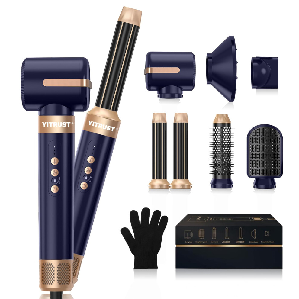 Hot Air Brush Hair Dryer Brush 110000 RPM 7in1 Ionic Styler with Automatic Curling Blue Gold