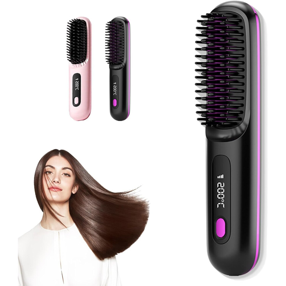 Black Cordless Hair Straightener Brush Rechargeable Mini Comb For Fast Styling And Travel