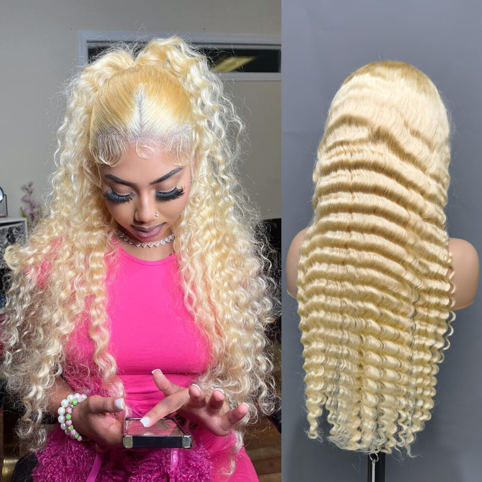 Unisex 20 Inch 613 Hd Lace Front Blonde Human Hair Wig Deep Wave 13X6 Preplucked 200% Density Glueless