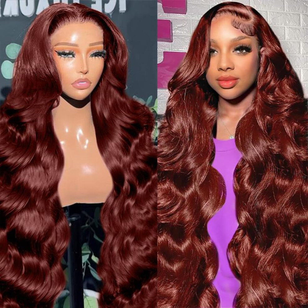 Unisex Red,Brown 30 Inch Reddish Brown Lace Front Human Hair Body Wave Wig 13X6 Hd Lace 180% Density Auburn Brown