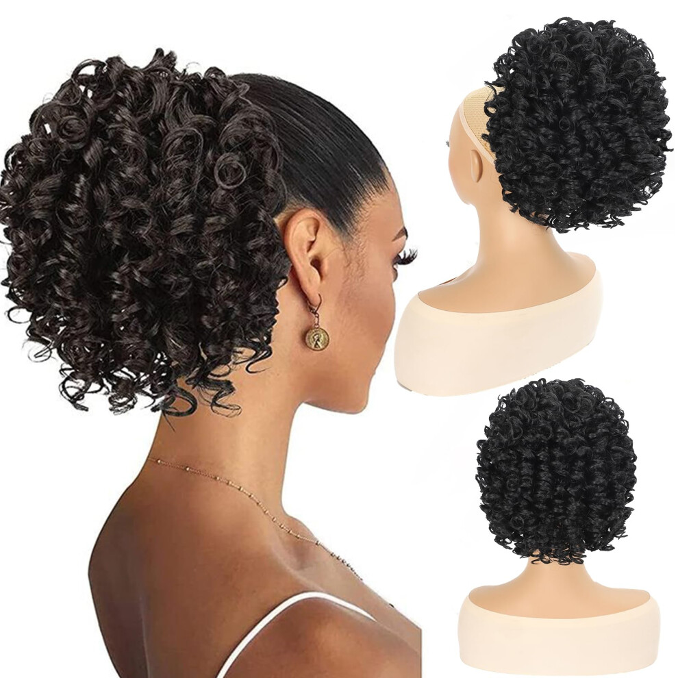 Unisex Black Afro Curly Ponytail And Half Wig 2 In 1 Short Synthetic Bob 1B For Women
