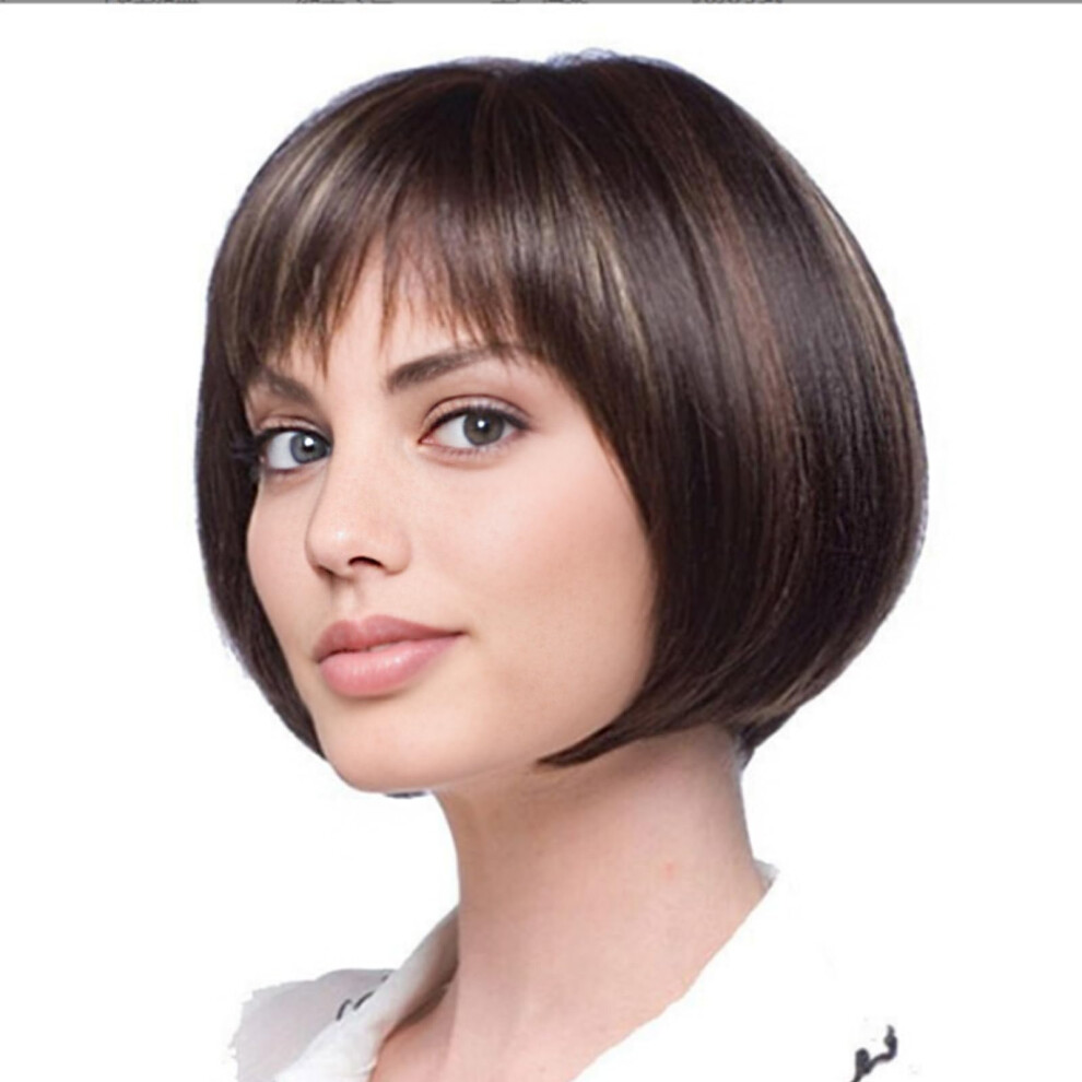 Brown Bob Wig with Bangs Short Straight Dark Brown Blonde Highlights Heat Resistant Synthetic Hair