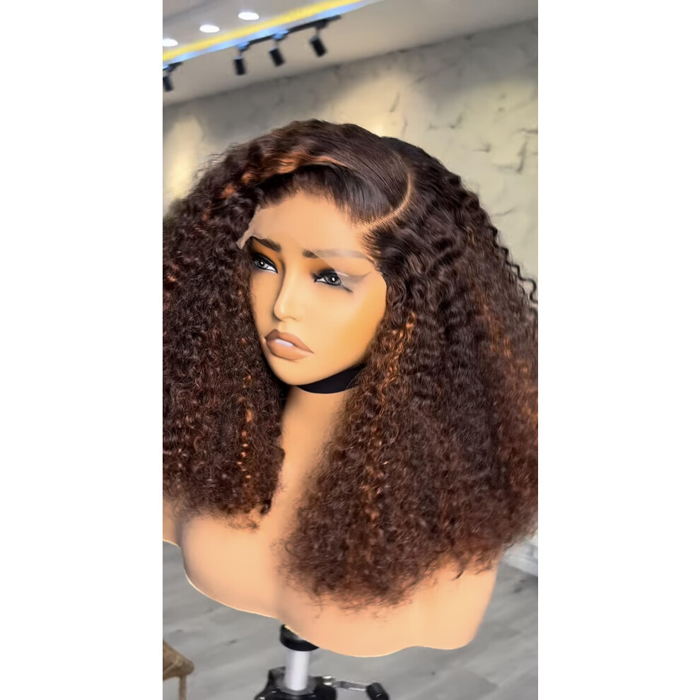 Unisex Red,Brown 18 Inch Brown Auburn Curly Human Hair Wig 250 Density 5X5 Transparent Lace Preplucked Glueless