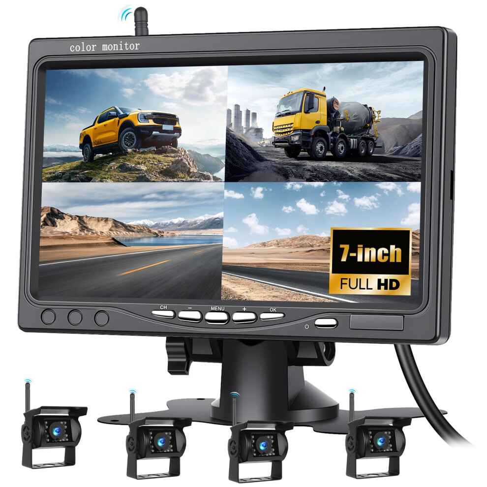 Wireless Rv Backup Camera System 1080P With 7 Inch Monitor, Ip69 Waterproof, Night Vision, 4 Channel For Truck Van Suv 9113335581029