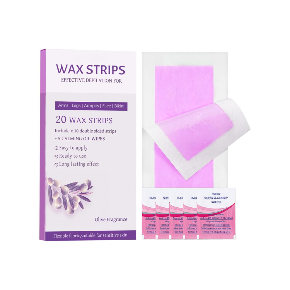 Wax Strips for Face and Body Hair Removal, Gentle on Skin, 20 PCS with 5 Wipes for Women