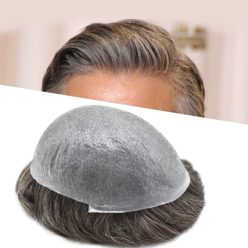 Unisex Brown,Grey Mens Hair Toupee Human Hairpiece Ultra Thin Skin Vlooped 8X10 Dark Brown Grey Blend Medium Density