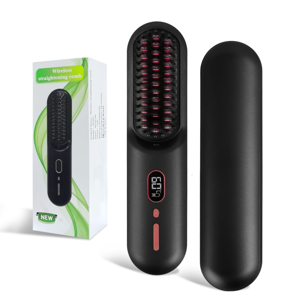 Black Cordless Hair Straightener Brush With Lcd Display, Ionic Antifrizz Comb For Travel, 12 Heat Settings
