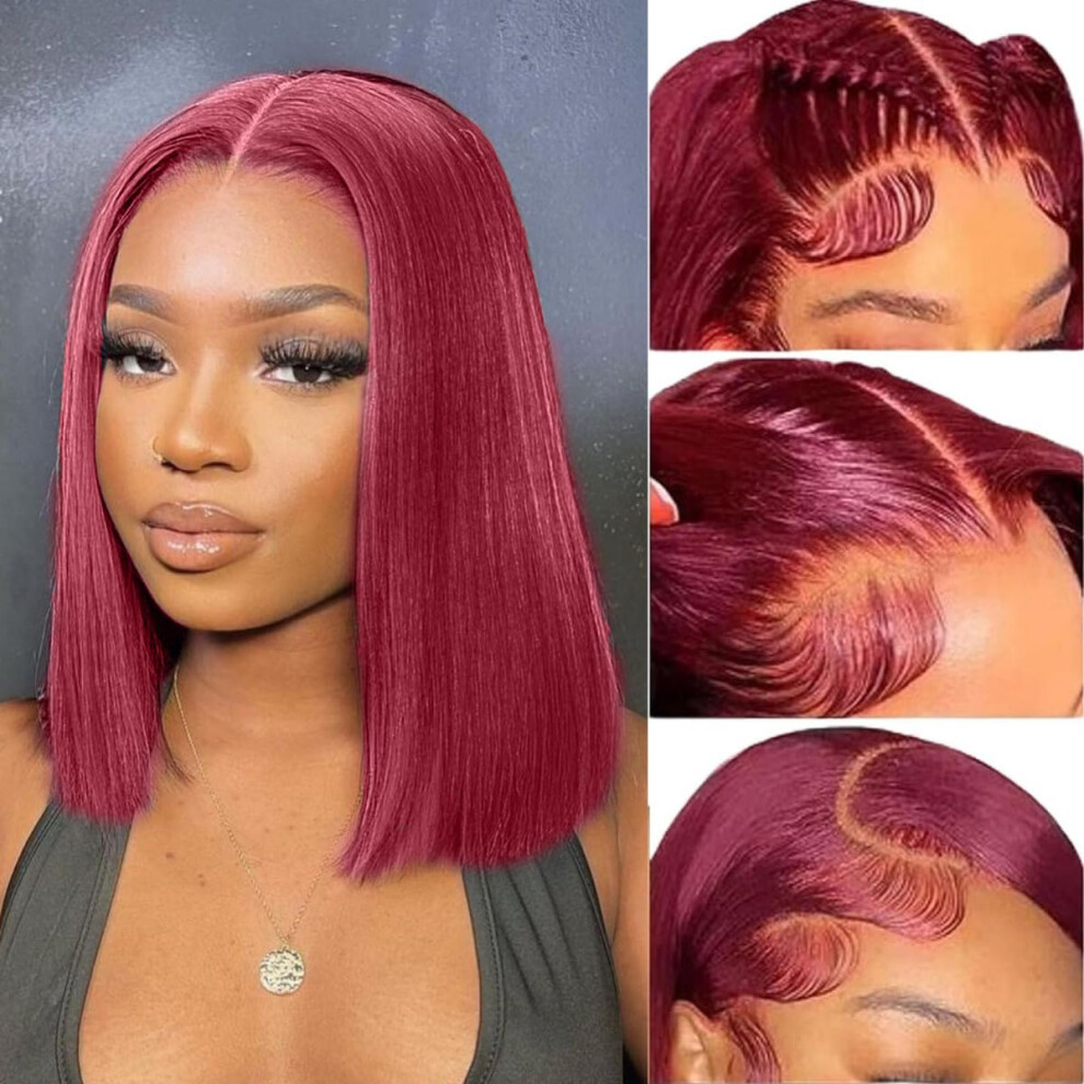 Unisex Black,Red 99J Burgundy 13X4 Lace Front Human Hair Wig, Preplucked Bob, 12 Inch Straight For Black Women