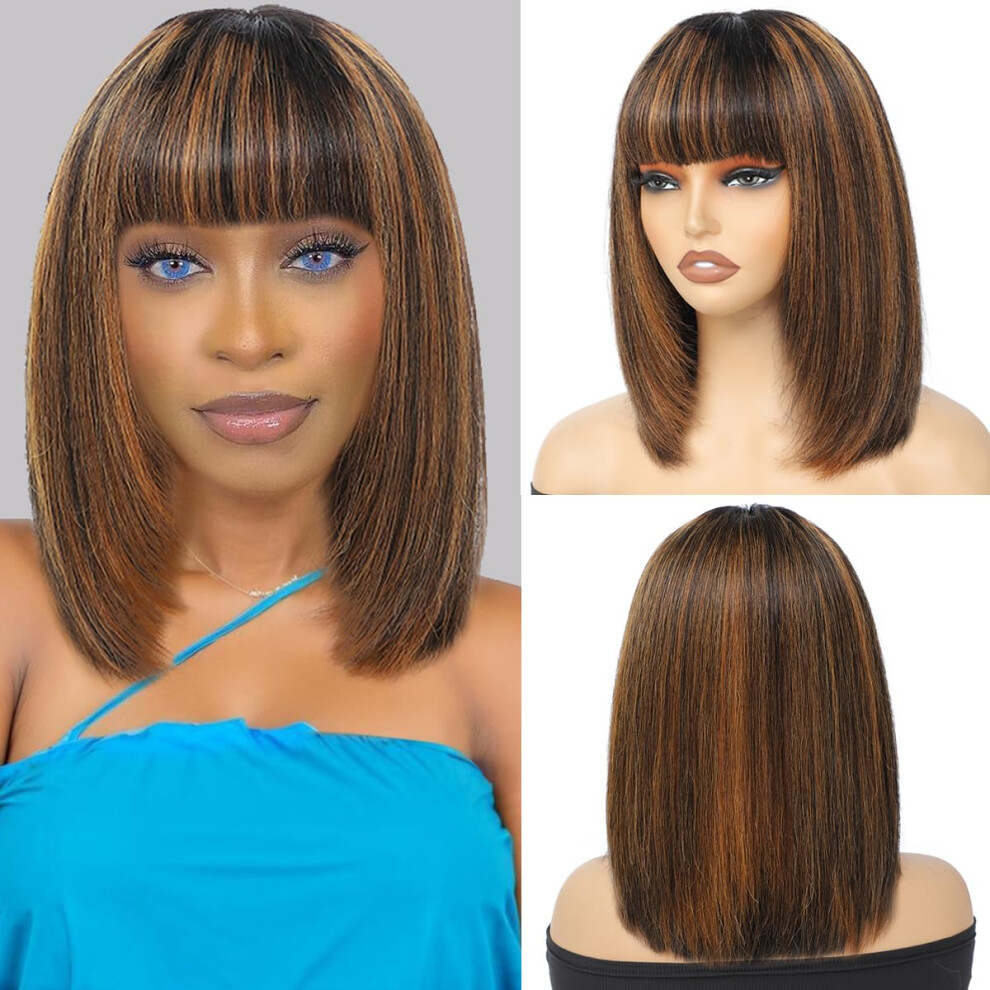 Unisex Black 14 Inch Human Hair Bob Wig With Bangs 1B/30 Highlight Glueless Short Bob Wig For Women