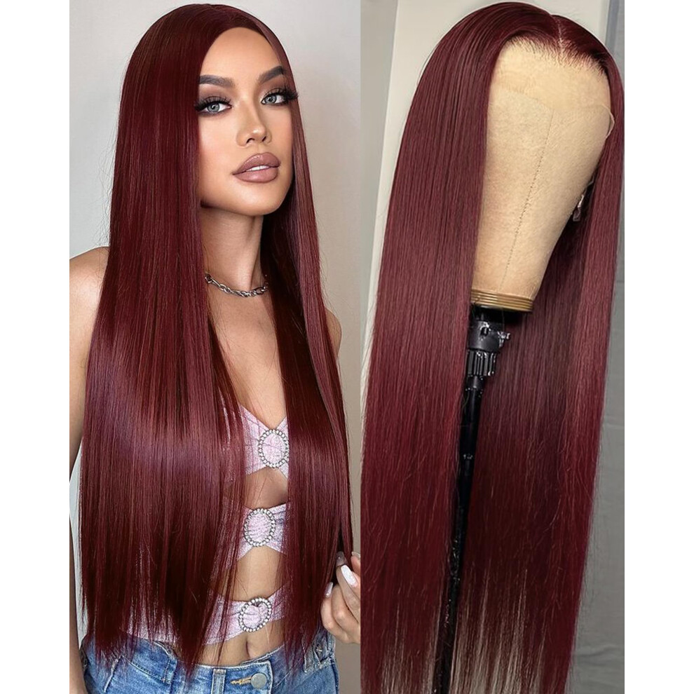 Unisex Black,Red 13X6 Hd Lace Front Wig For Black Women Burgundy Long Straight Synthetic Glueless Pre Plucked Hairline