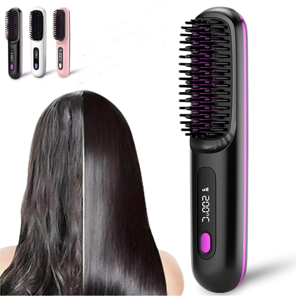 Black Cordless Hair Straightening Brush With Ionic Smooth Finish, Usb Rechargeable Ceramic Comb,