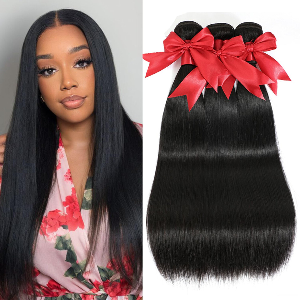 Unisex Black Brazilian Straight Human Hair Bundles 30 Inch 3 Pack 12A Grade Virgin Remy Extensions 1B Natural