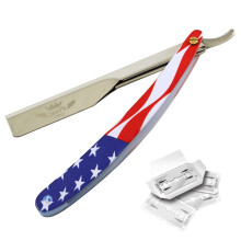 Straight Edge Barber Razor American Flag Handle, Ergonomic Design, Includes 10 Shaving Blades