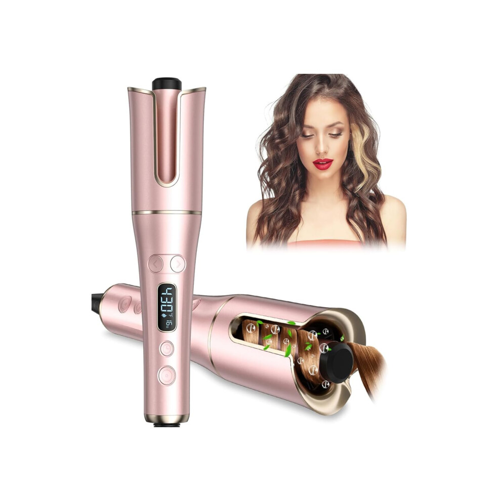 Gold Automatic Hair Curler With Lcd Display, 1 Inch Rotating Barrel, Ceramic Tourmaline, Rose